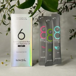 MASIL, НАБОР ПАРФЮМЕРНОЕ МАСЛО ДЛЯ ВОЛОС 6 SALON LACTOBACILLUS HAIR PERFUME OIL(LIGHT), 66 МЛ И НАБОР МАСОК ДЛЯ ВОЛОС, 8 МЛ
