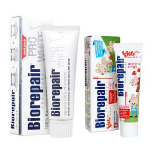 Биорепейр Набор зубных паст для взрослых и детей, 75 мл + 50 мл (Biorepair, Отбеливание и лечение)