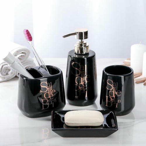 Набор аксессуаров для ванной комнаты Bonjour, 4 предмета (дозатор 400 мл, мыльница, 2 стакана), цвет чёрный — изображение 2