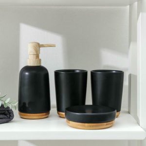 Набор аксессуаров для ванной комнаты «Эко», 4 предмета (мыльница, дозатор для мыла, 2 стакана), цвет чёрный