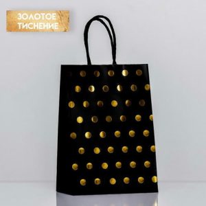 Пакет крафт с золотым тиснением, круглая ручка, черный, 15 х 21 х 8 см, 120 г - 12 шт.