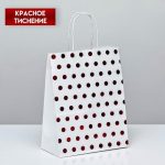 Пакет крафт с красным тиснением, круглая ручка, белый, 27 х 21 х 11 см, 120 г - 12 шт.