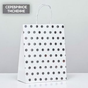 Пакет крафт с серебряным тиснением, круглая ручка, белый, 27 х 21 х 11 см, 120 г - 12 шт.